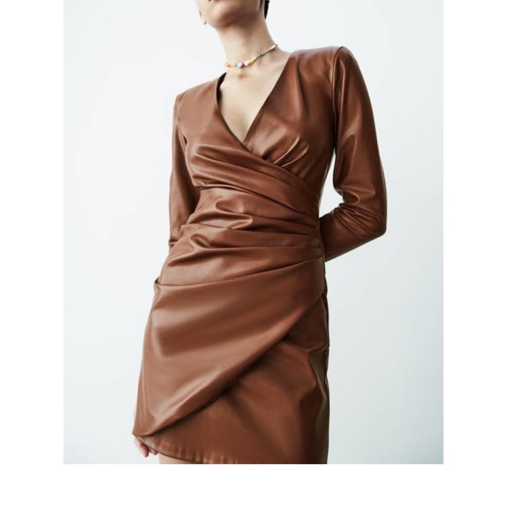 Crystal Doll Chic Faux Leather Brown Long Sleeve Dress